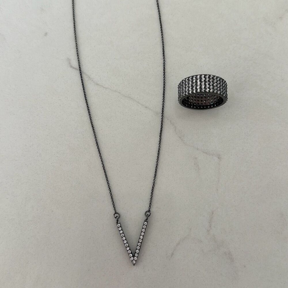 Lisa Freede Sterling Silver Blk Rhodium Plated Cubic Zirconia Ring & V Necklace